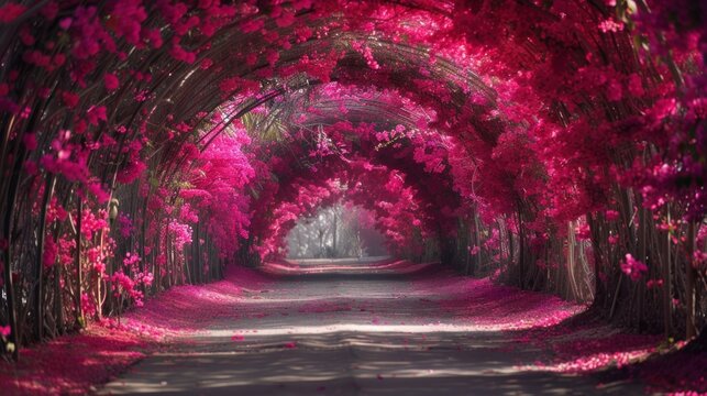 Fototapeta Very beautiful tunnel of pink flowers.AI generated image