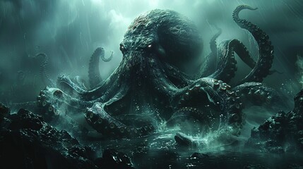 A monstrous octopus against ocean floor, evoking a sense of foreboding and dread with hyper detailed rendering that brings out every eerie contour and shadow. - obrazy, fototapety, plakaty