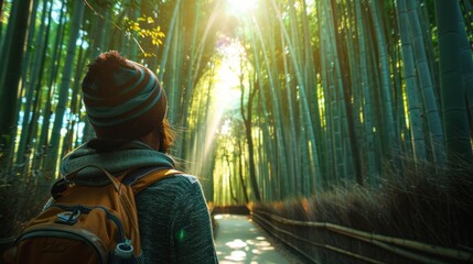 Female tourist observing the bamboo forest .AI generated image