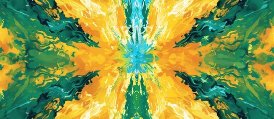 A close up of a tie dye pattern resembling a flower with green and yellow petals, creating symmetry and art inspired by terrestrial plants and grass. The vibrant electric blue adds a creative touch - obrazy, fototapety, plakaty