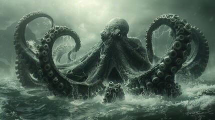 Giant Black Octopus on huge storm waves - obrazy, fototapety, plakaty