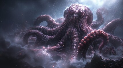 A super-large, colossal octopus approaches the shore while the storm is raging