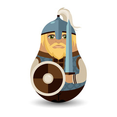 A Slavic hero with a beard. A warrior in iron armor, with a shield and helmet on his head and a sword in his hand. Design tilting toy. Modern kawaii dolls for your business project. Flat vector.