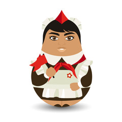 A young pioneer girl of the USSR in a red tie, holding a small flag in her hand. Historical costumes. Modern design tilting toy for your business project. A flat illustration.