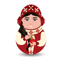 A Russian tilting toy on an isolated background. A Slavic woman in a kokoshnik and a red dress with embroidery holds an apple in her hands. Modern design tilting toy for your business project