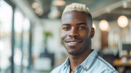 An indoor portrait of a smiling young man with stylish bleached hair in a well-lit contemporary setting