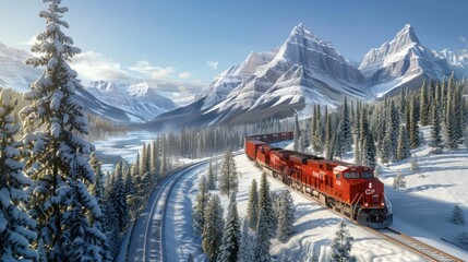 red cargo train passes through valleys and rocky mountains in winter .AI generated image