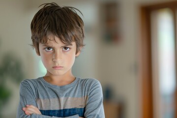 Close-up of a discontent young boy arms crossed, standing inside a room with a blurred backdrop