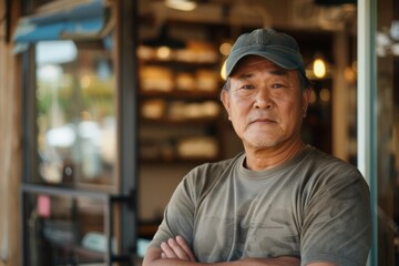 An elder male bakery owner stands with folded arms in front of his establishment - obrazy, fototapety, plakaty