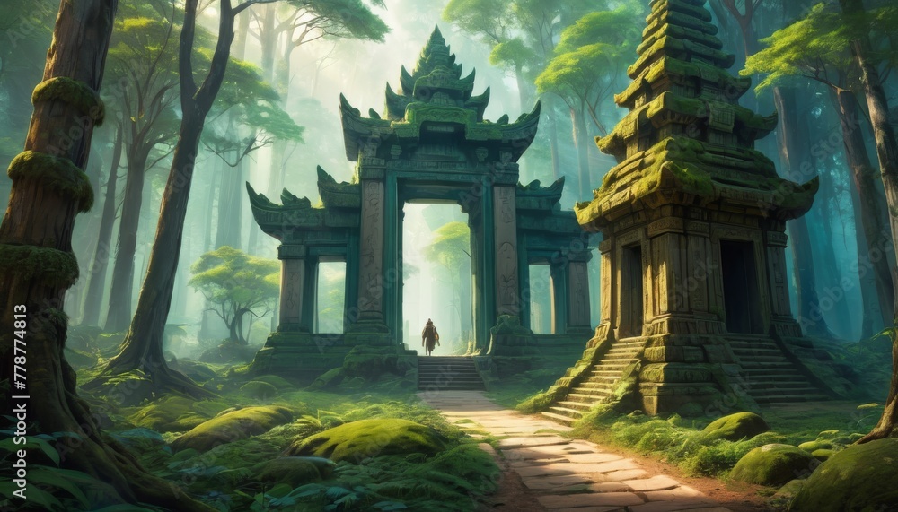 Poster a serene forest pathway leads to an ancient stone gateway, shrouded in mist and flanked by towering 