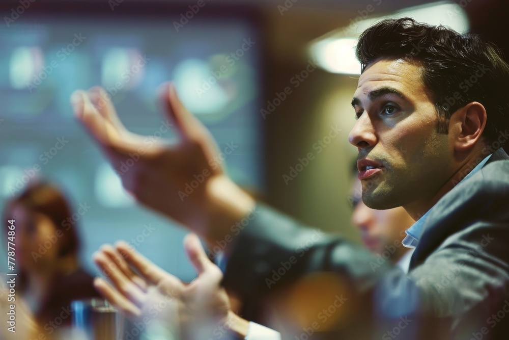 Aufkleber Blurred startup team in deep discussion while a focused entrepreneur gestures passionately