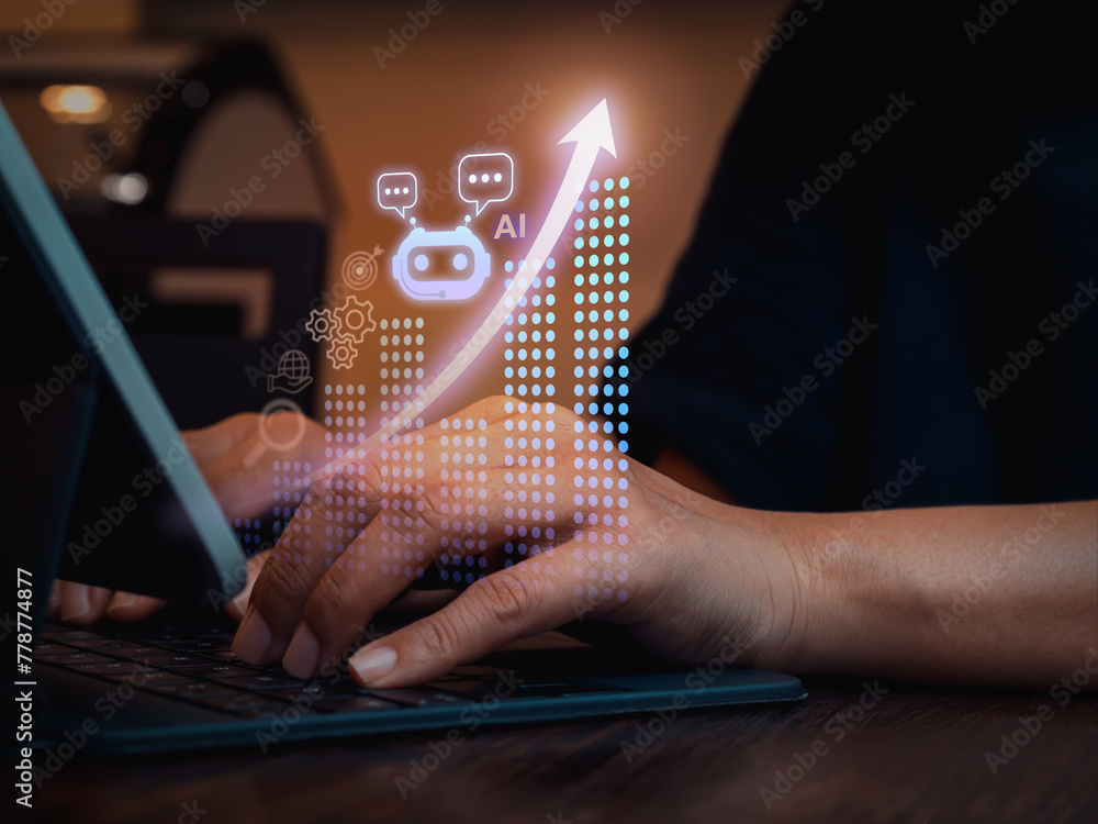 Poster digital marketing strategy with ai concept. artificial intelligence chat bot with business managemen