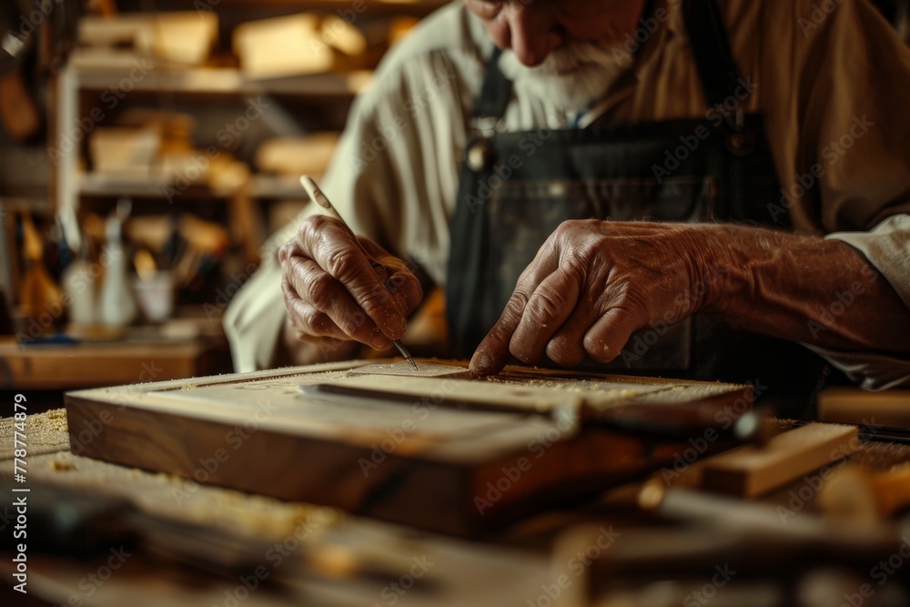 Poster a craftsman with experience and skill is intricately working on creating a beautiful wooden frame in