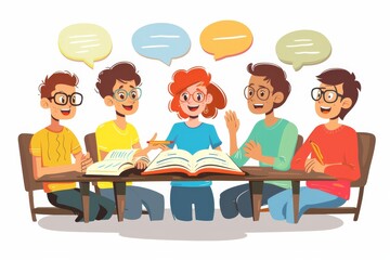 An animated image showing a diverse group of students actively engaging in a discussion with colorful speech bubbles