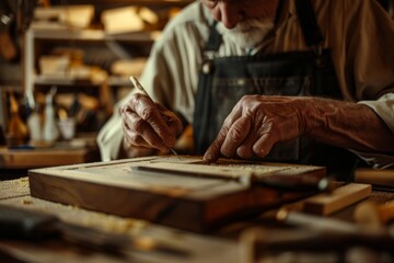 A craftsman with experience and skill is intricately working on creating a beautiful wooden frame in a workshop
