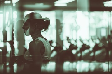 Fototapeta na wymiar A silhouette style photo capturing the focused determination of a woman exercising in a gym environment