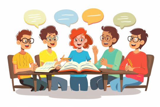 An animated image showing a diverse group of students actively engaging in a discussion with colorful speech bubbles