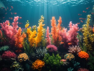 coral reef teeming with marine life, vibrant colors of corals, fish, and underwater plants