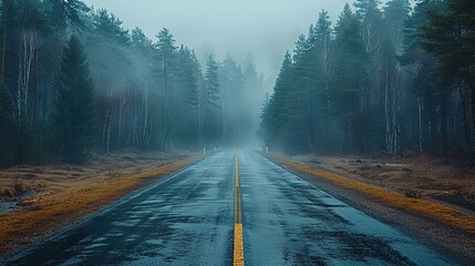 Empty rural road passing by forest on foggy day - Generative AI - obrazy, fototapety, plakaty