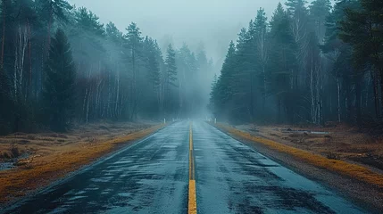 Schilderijen op glas Empty rural road passing by forest on foggy day - Generative AI © Sidra