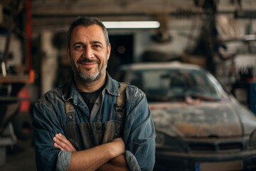 Confident mechanic stands with crossed arms in front of a car in a repair shop, implying expertise and diligence in automotive care