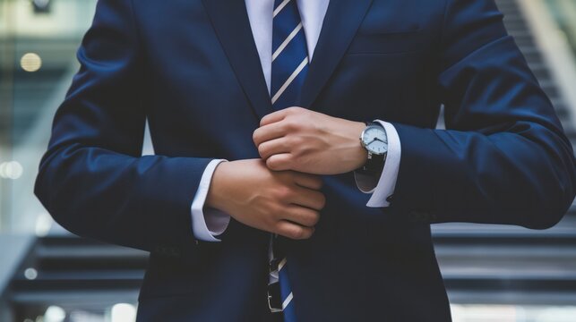 A man in a suit is wearing a watch and adjusting his tie