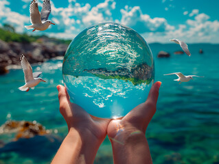 Earth crystal glass globe ball in human hand, flying seagulls, blue sea background - obrazy, fototapety, plakaty