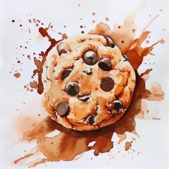 Watercolor of a chocolate chip cookie, with rich brown splashes