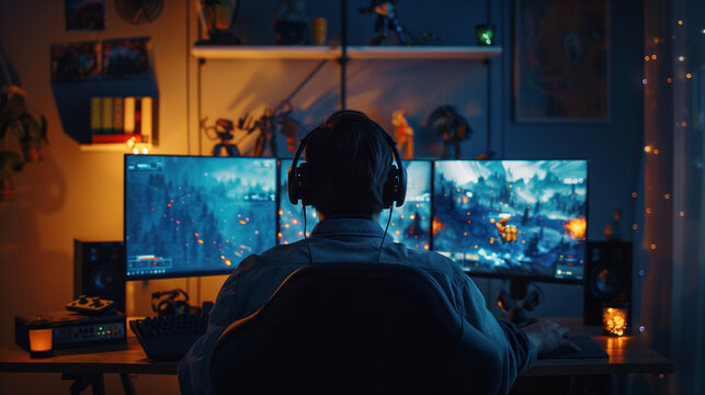 Person from behind playing a video game on multiple monitors.