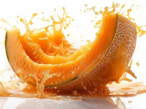 melon juice splashes from a melon, splashes of melon juice on white