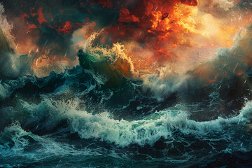 Craft an AI-rendered scene illustrating the face of valor as a stormy sea, its waves crashing against the shore with relentless force. Vibrant colors and dynamic compositions convey a sense  - obrazy, fototapety, plakaty