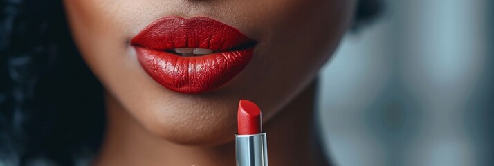 Naklejka premium A woman applying lipstick, with a close-up focus on her lips to capture the moment of transformation and self-expression