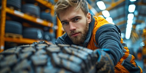 A uniformed technician inspects rubber tires, representing professionalism and experience.