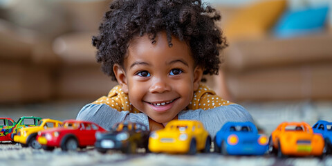 A cute black boy smiles joyfully with colorful toy cars lined up.