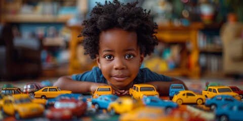 In a charming portrait, a playful black boy sits amidst lined-up colorful toy cars, exuding innocence and joy. - obrazy, fototapety, plakaty