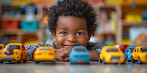 Portrait of a smiling black boy holding colorful cars in a row.