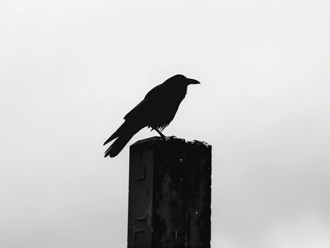 A minimalist vector of a raven perched atop a tombstone, with both elements silhouetted against a stark, gray sky. This image conjures the somber reflections on death and the afterlife, Ai generate