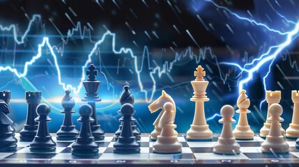 Strategic minds play chess with a stock market graph backdrop, where thunderclaps echo market shifts, super realistic