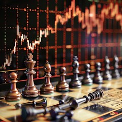  Stock graphs serve as a dramatic backdrop to a chessboard, where financial strategy and game tactics collide