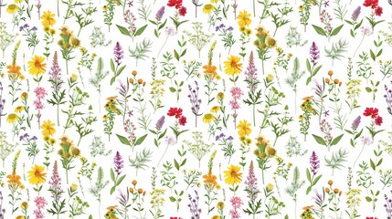 A colorful floral pattern is displayed on a white background. The flowers are arranged in a way that creates a sense of movement and liveliness. Scene is cheerful and vibrant