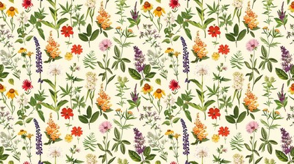 A colorful floral pattern with many different types of flowers. The flowers are arranged in a way that creates a sense of movement and depth. Scene is cheerful and vibrant