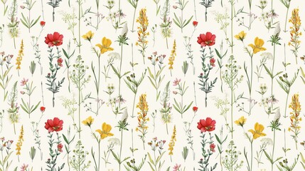 A floral patterned wallpaper with a variety of flowers in different colors. The wallpaper has a bright and cheerful mood, with the flowers arranged in a way that creates a sense of movement and energy