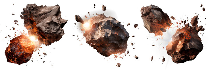 Set of meteorites of different types isolated on a white or transparent background. Meteorites close up, with tongues of flame scattering into small pieces. Disaster in space.