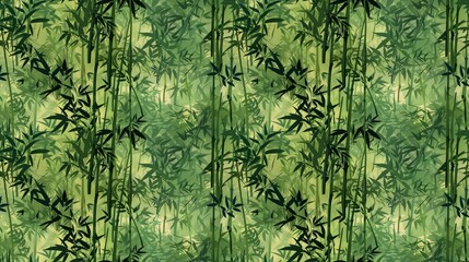A green background with bamboo trees and leaves. Scene is peaceful and serene, with the green color - obrazy, fototapety, plakaty