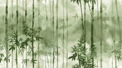 A painting of a forest with bamboo trees. The painting has a serene and peaceful mood, with the bamboo trees creating a sense of calm and tranquility