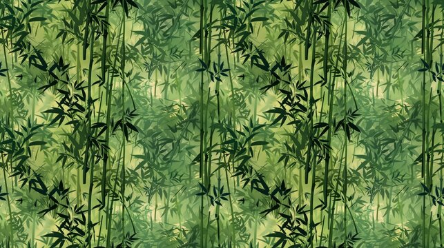 A green background with bamboo trees and leaves. Scene is peaceful and serene, with the green color