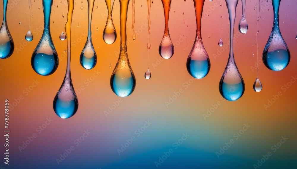 Poster a captivating display of water droplets clinging to a smooth surface, showcasing a colorful gradient