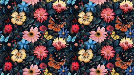 A colorful floral pattern with butterflies and flowers. The flowers are in various colors and sizes, and the butterflies are scattered throughout the design. Scene is cheerful and vibrant