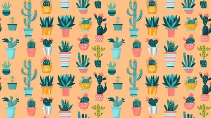 Obraz premium A colorful pattern of potted plants, including cacti, is displayed on a bright orange background