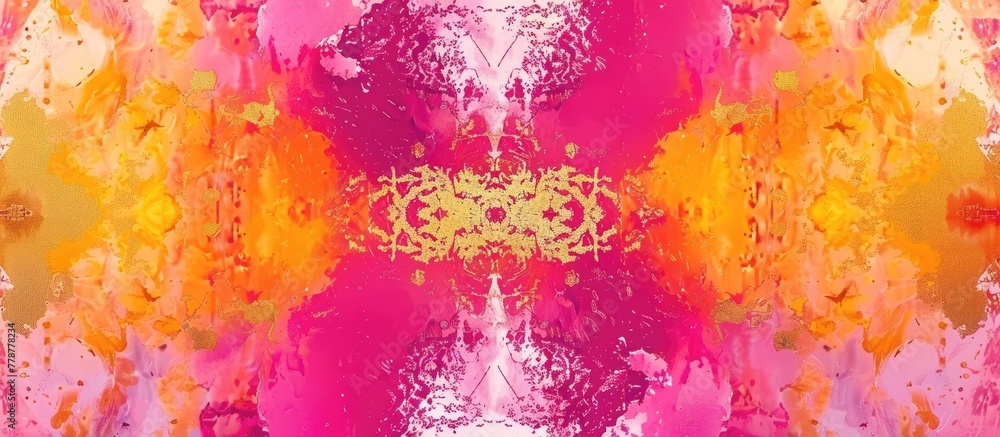 Poster An abstract painting featuring a combination of pink and yellow hues with intricate red and yellow patterns.